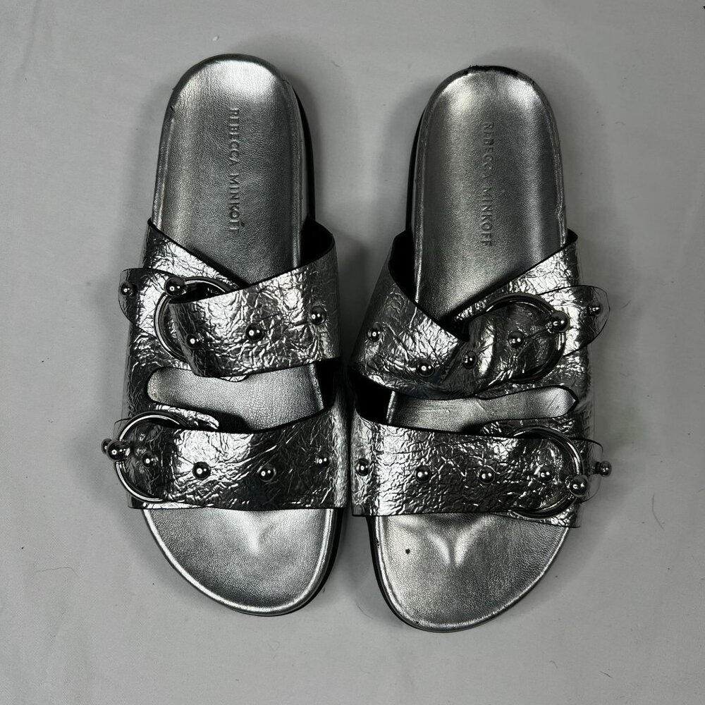 Rebecca Minkoff Vachel Metallic Buckled Slides In Silver Sandals 9 - Picture 4 of 15